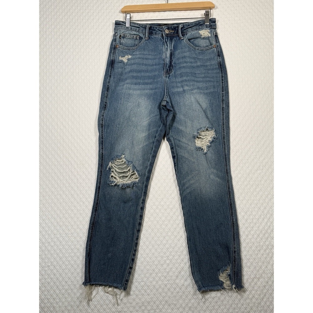 Judy Blue Jeans Womens 5/27 Blue Straight Fit Mid Rise Distressed Stretch Denim